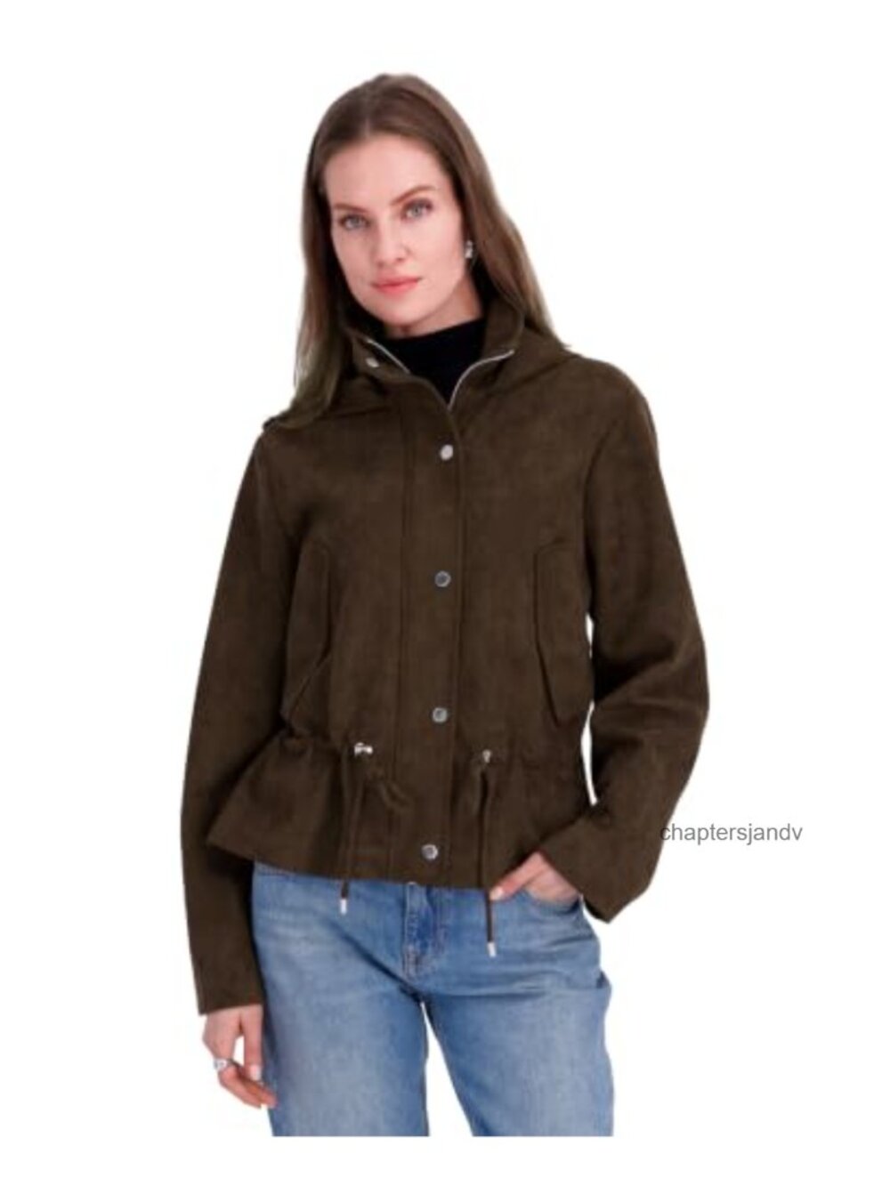 Faux Suede Hooded Anorak Jacket Drawstring Waist Batwing Sleeve Casual
